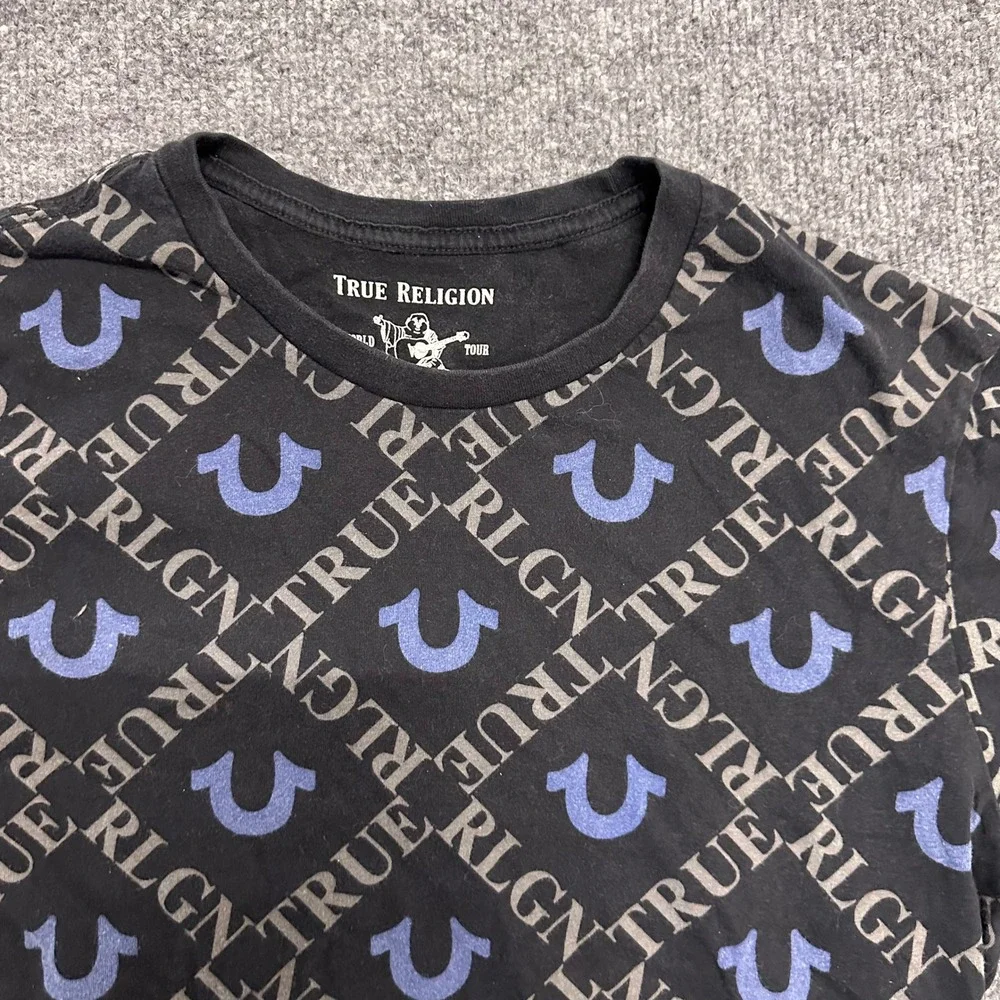 True Religion T-Shirt Mens Size S Black All Over Logo Print Horseshoe Crewneck